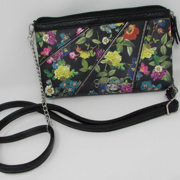JESSICA SIMPSON  BLACK WITH FLORAL DESIGN  CROSSBODY BAG HANDBAG! - Picture 1 of 8
